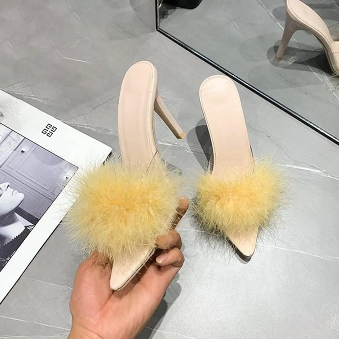YIBLBOX Women's Fluffy Feather Pointed Toe High Stiletto Toe Wedding Dress Heel Slipper