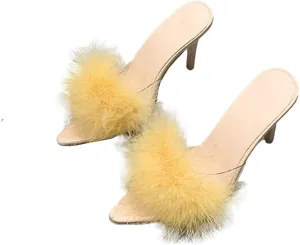 YIBLBOX Women's Fluffy Feather Pointed Toe High Stiletto Toe Wedding Dress Heel Slipper