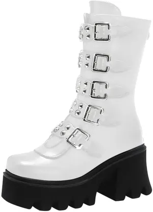 YIYA Black Platform Goth Boots for Women Studded Wide Mid Calf Combat Punk Boots Round Toe Buckle Chunky Heel Back Zipper Thick Sole Ankle Booties