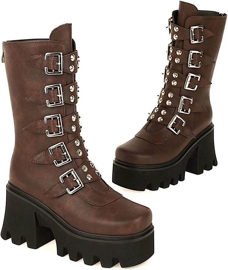YIYA Black Platform Goth Boots for Women Studded Wide Mid Calf Combat Punk Boots Round Toe Buckle Chunky Heel Back Zipper Thick Sole Ankle Booties