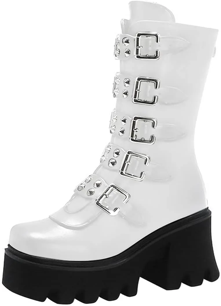 YIYA Black Platform Goth Boots for Women Studded Wide Mid Calf Combat Punk Boots Round Toe Buckle Chunky Heel Back Zipper Thick Sole Ankle Booties
