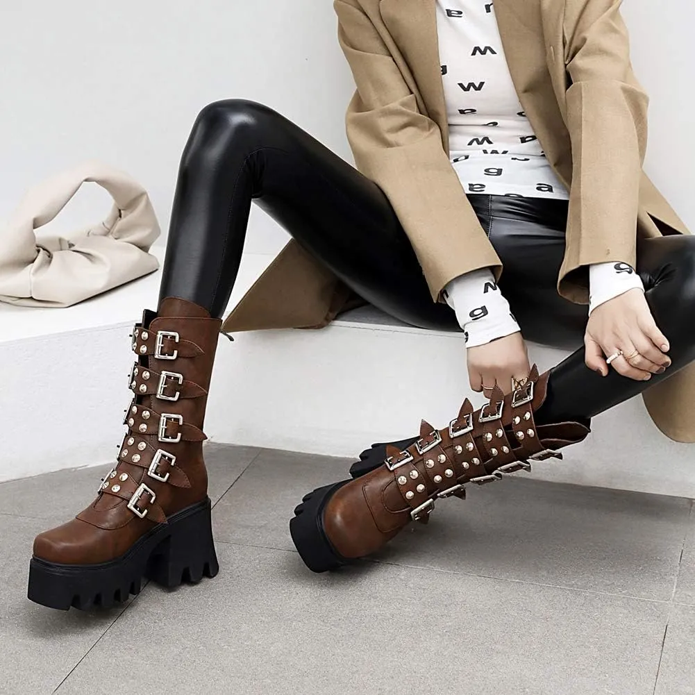 YIYA Black Platform Goth Boots for Women Studded Wide Mid Calf Combat Punk Boots Round Toe Buckle Chunky Heel Back Zipper Thick Sole Ankle Booties