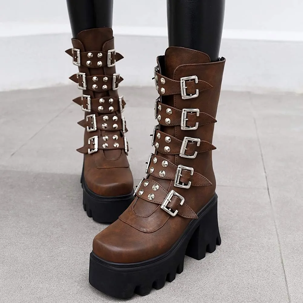 YIYA Black Platform Goth Boots for Women Studded Wide Mid Calf Combat Punk Boots Round Toe Buckle Chunky Heel Back Zipper Thick Sole Ankle Booties