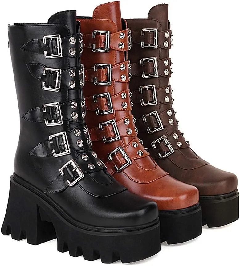 YIYA Black Platform Goth Boots for Women Studded Wide Mid Calf Combat Punk Boots Round Toe Buckle Chunky Heel Back Zipper Thick Sole Ankle Booties