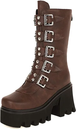 YIYA Black Platform Goth Boots for Women Studded Wide Mid Calf Combat Punk Boots Round Toe Buckle Chunky Heel Back Zipper Thick Sole Ankle Booties