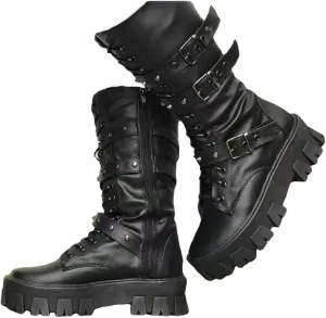 ZKXYFFS Womens Goth Ankle Booties Chunky High Heel Mid Calf Boots Side Zip Combat Boots Lace Up Punk Rivet Boots Motorcycle Platform Boots for Women